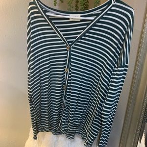 Bibi emerald/white stripe button front tee